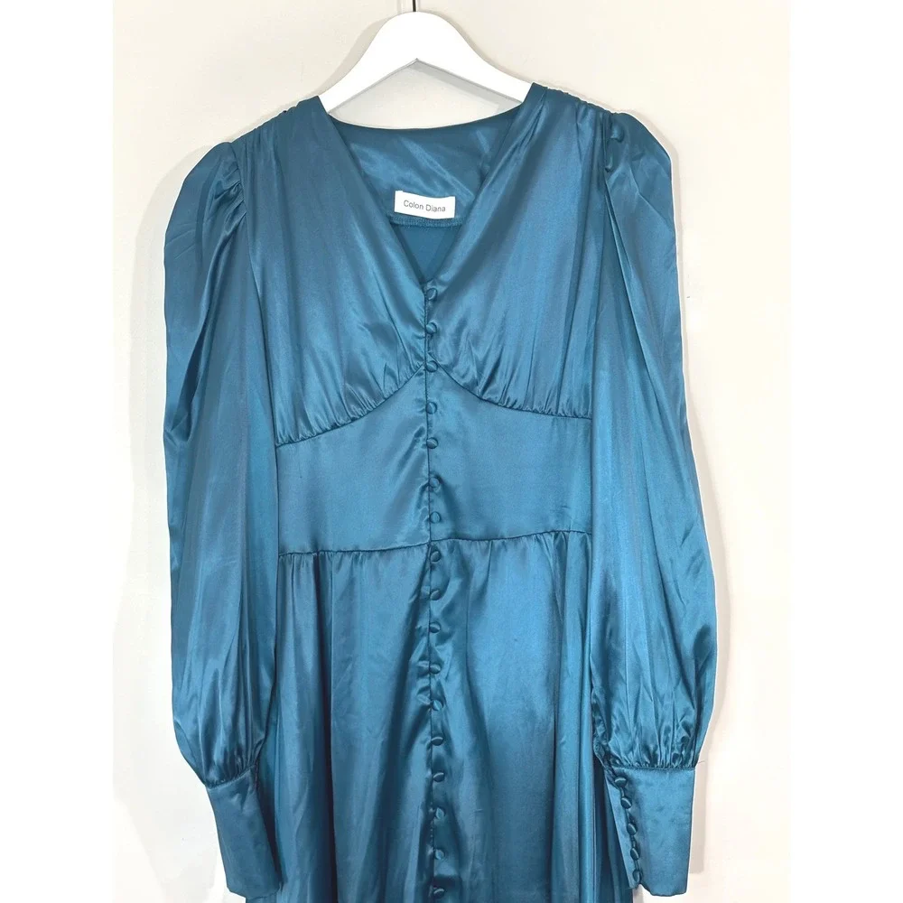 Colon Diana Teal Satin Bishop Sleeve Button Front Midi Dress Womens - Picture 5 of 16